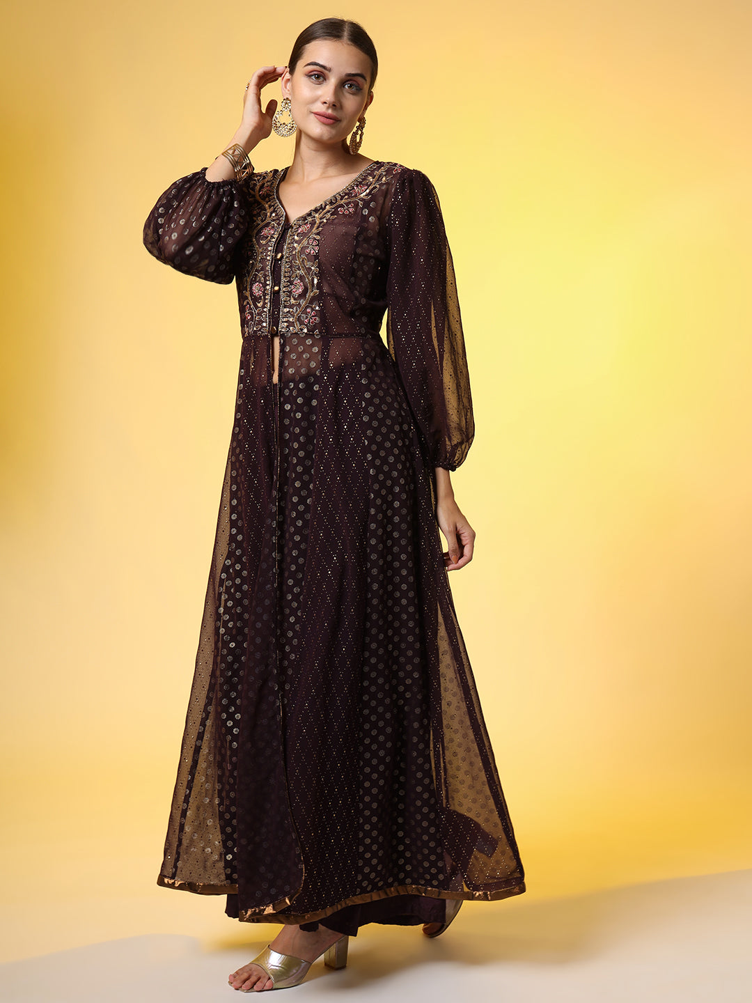 Women's Hand Embroidery Georgette Foil Print Ethnic Zardosi Dress
