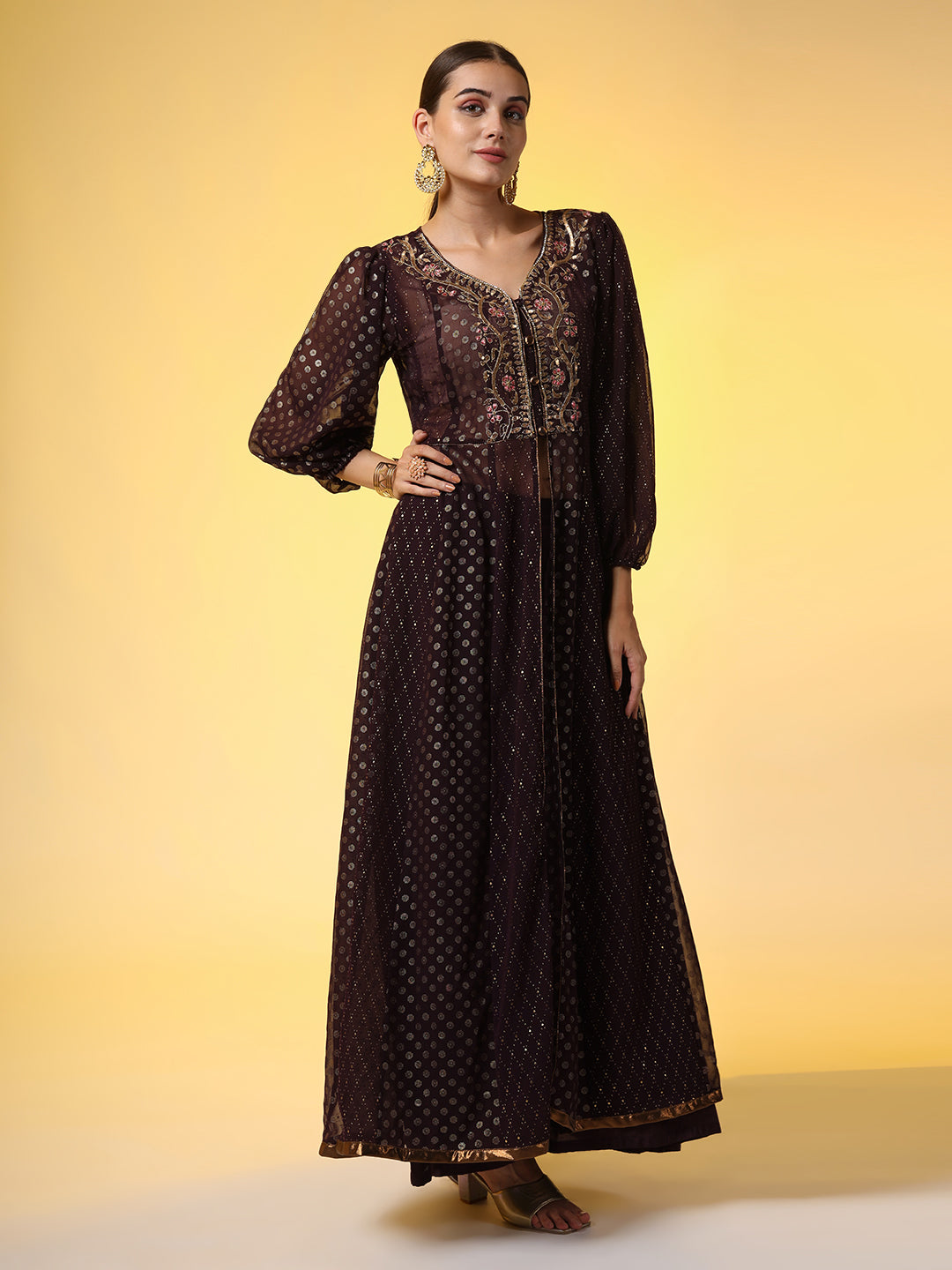 Women's Hand Embroidery Georgette Foil Print Ethnic Zardosi Dress