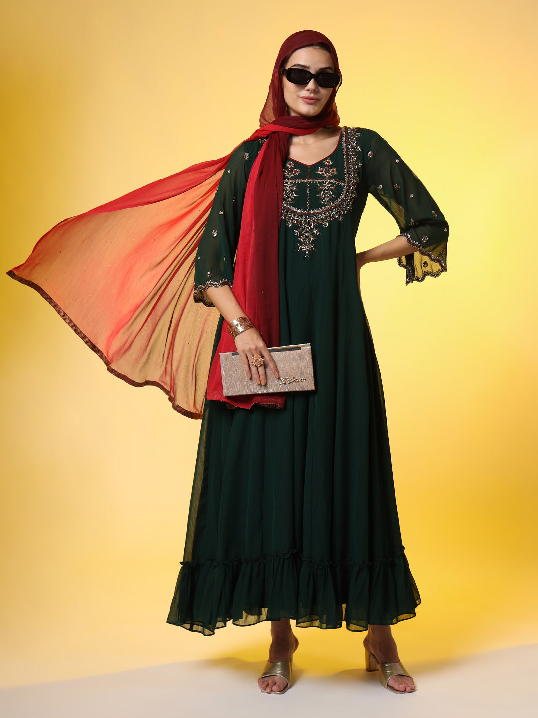 Women's Hand Embroidery Georgette Ethnic Zardosi Dress