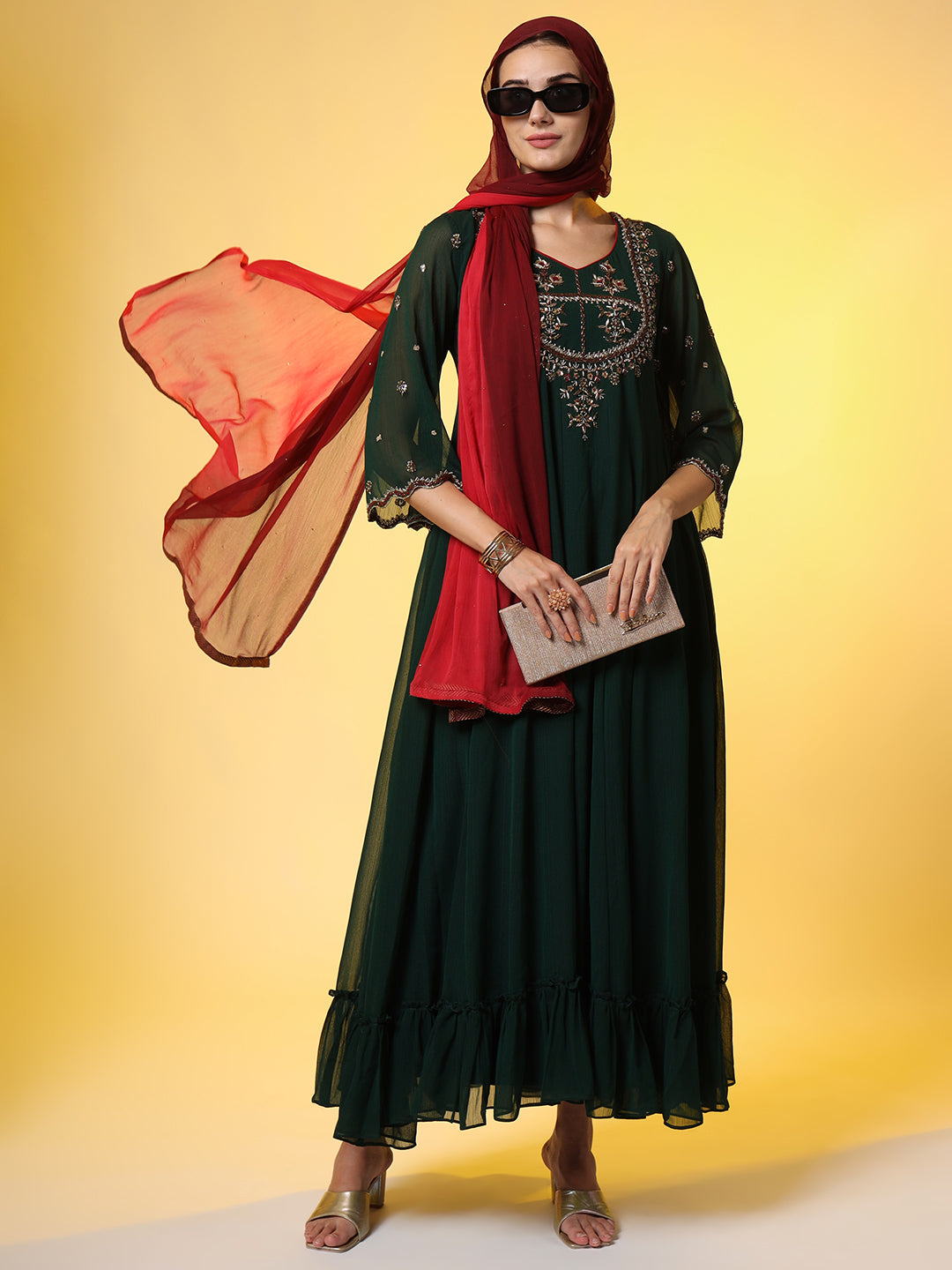 Women's Hand Embroidery Georgette Ethnic Zardosi Dress
