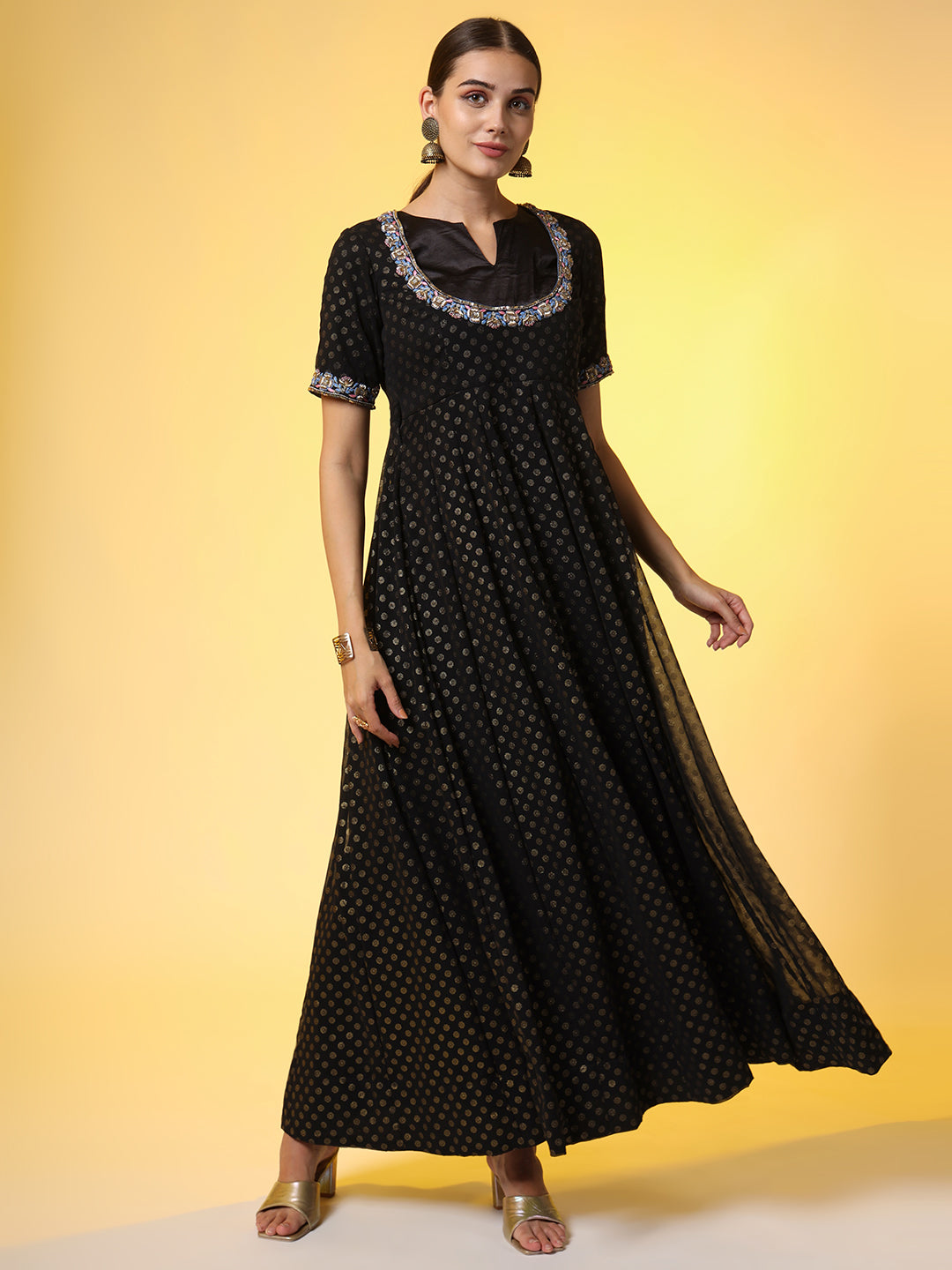 Women's Hand Embroidery Foil Print Georgette Ethnic Zardosi Dress