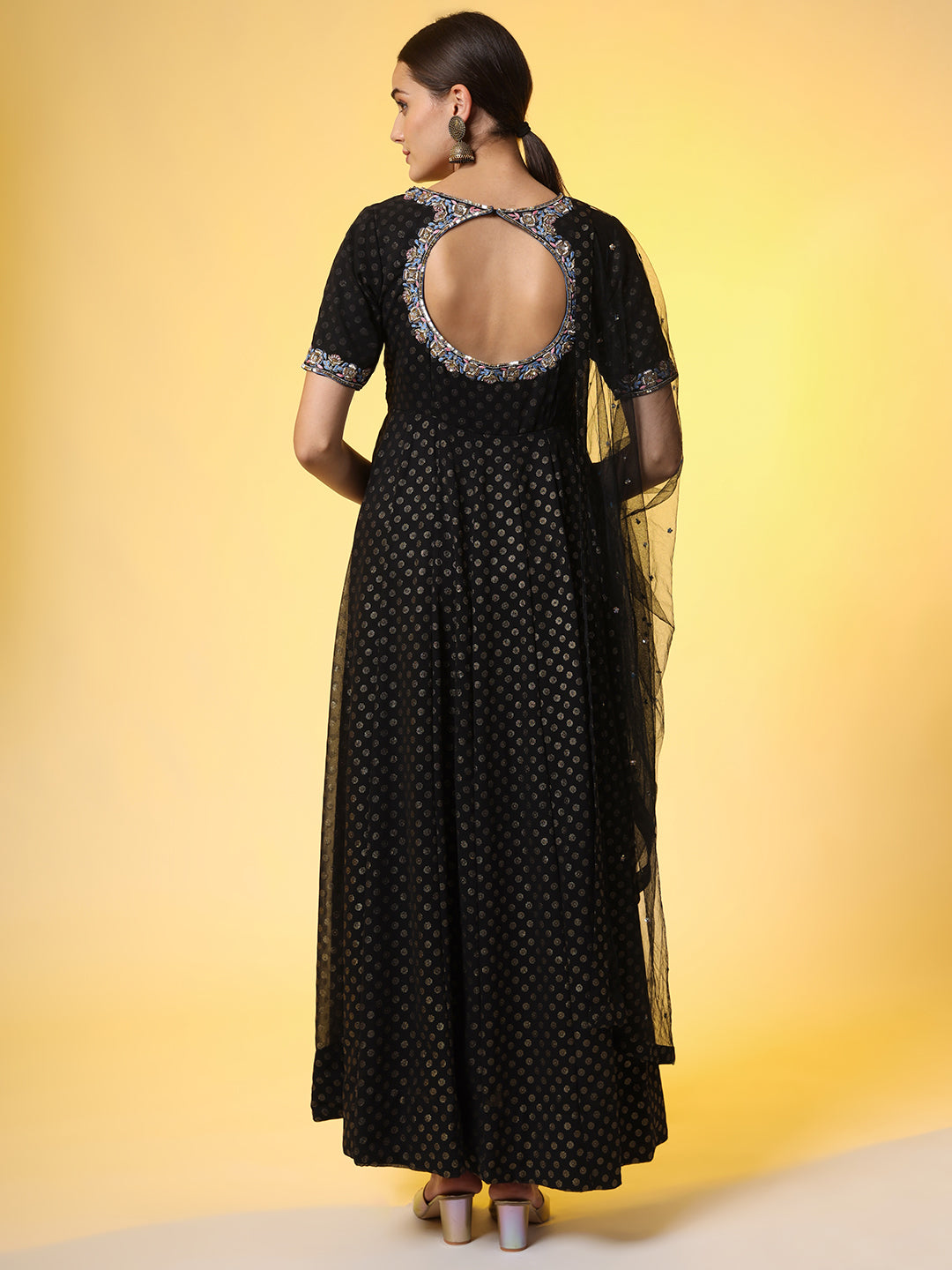 Women's Hand Embroidery Foil Print Georgette Ethnic Zardosi Dress