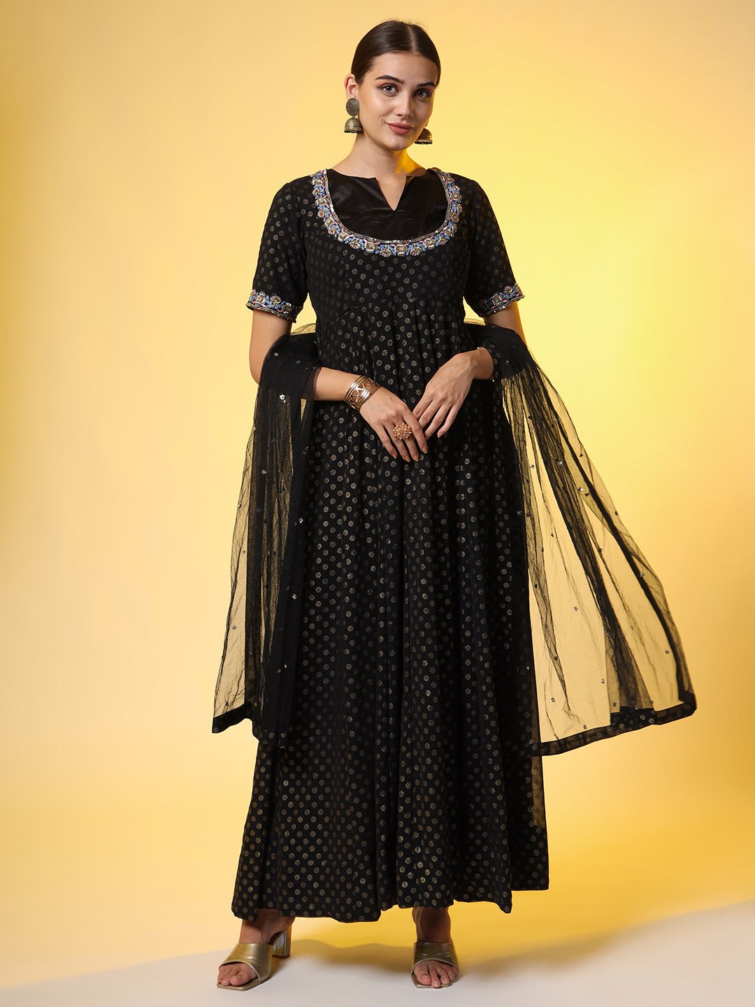 Women's Hand Embroidery Foil Print Georgette Ethnic Zardosi Dress