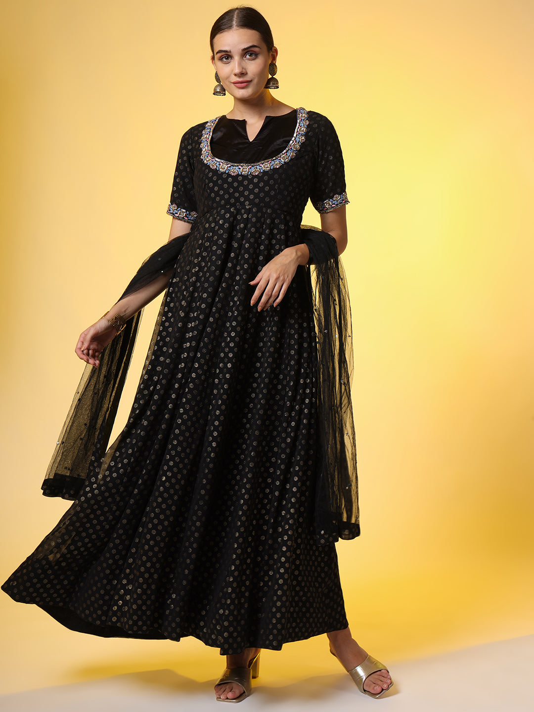 Women's Hand Embroidery Foil Print Georgette Ethnic Zardosi Dress