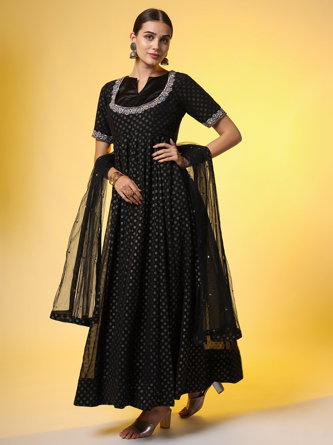 Women's Hand Embroidery Foil Print Georgette Ethnic Zardosi Dress
