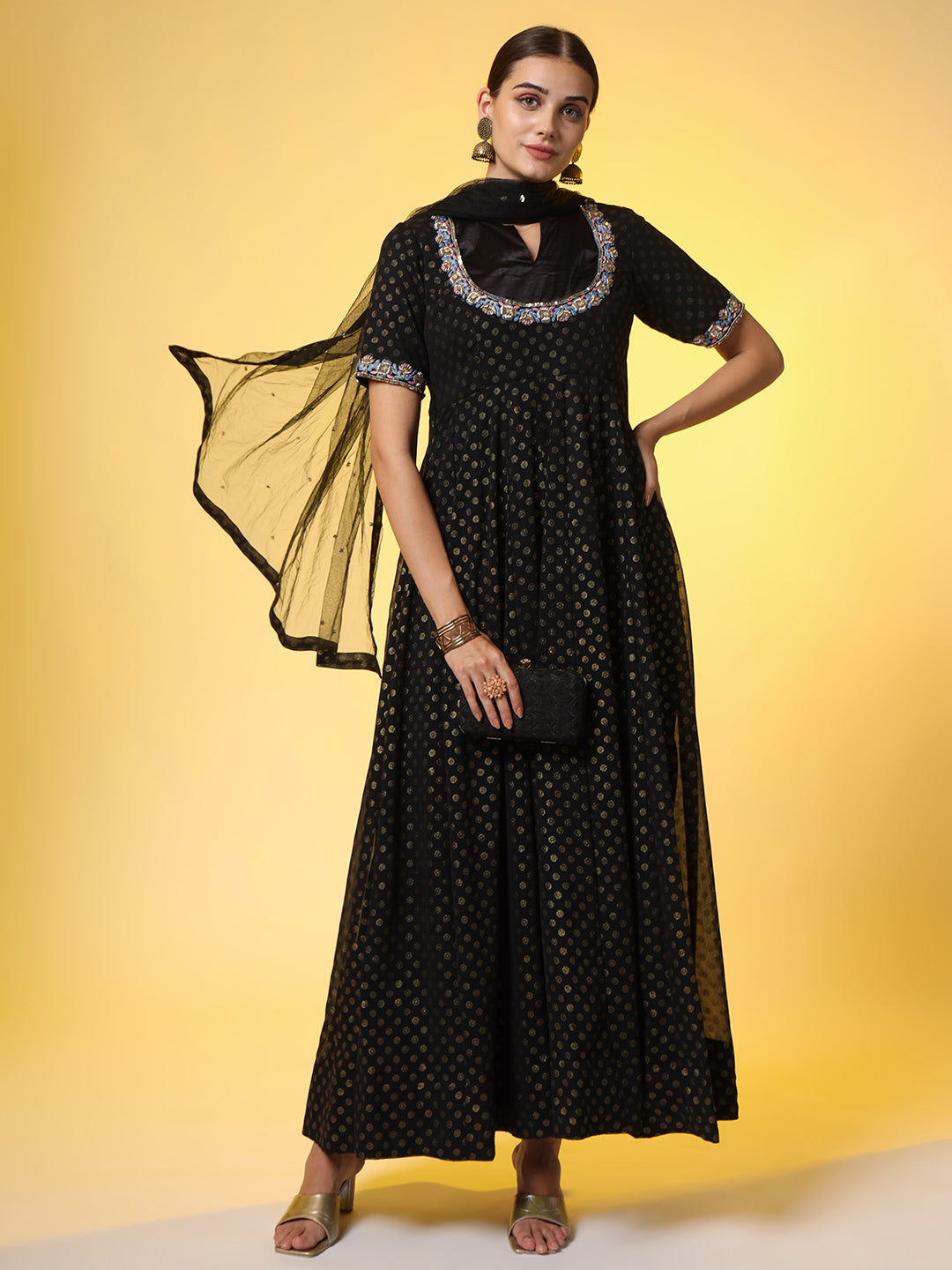 Women's Hand Embroidery Foil Print Georgette Ethnic Zardosi Dress