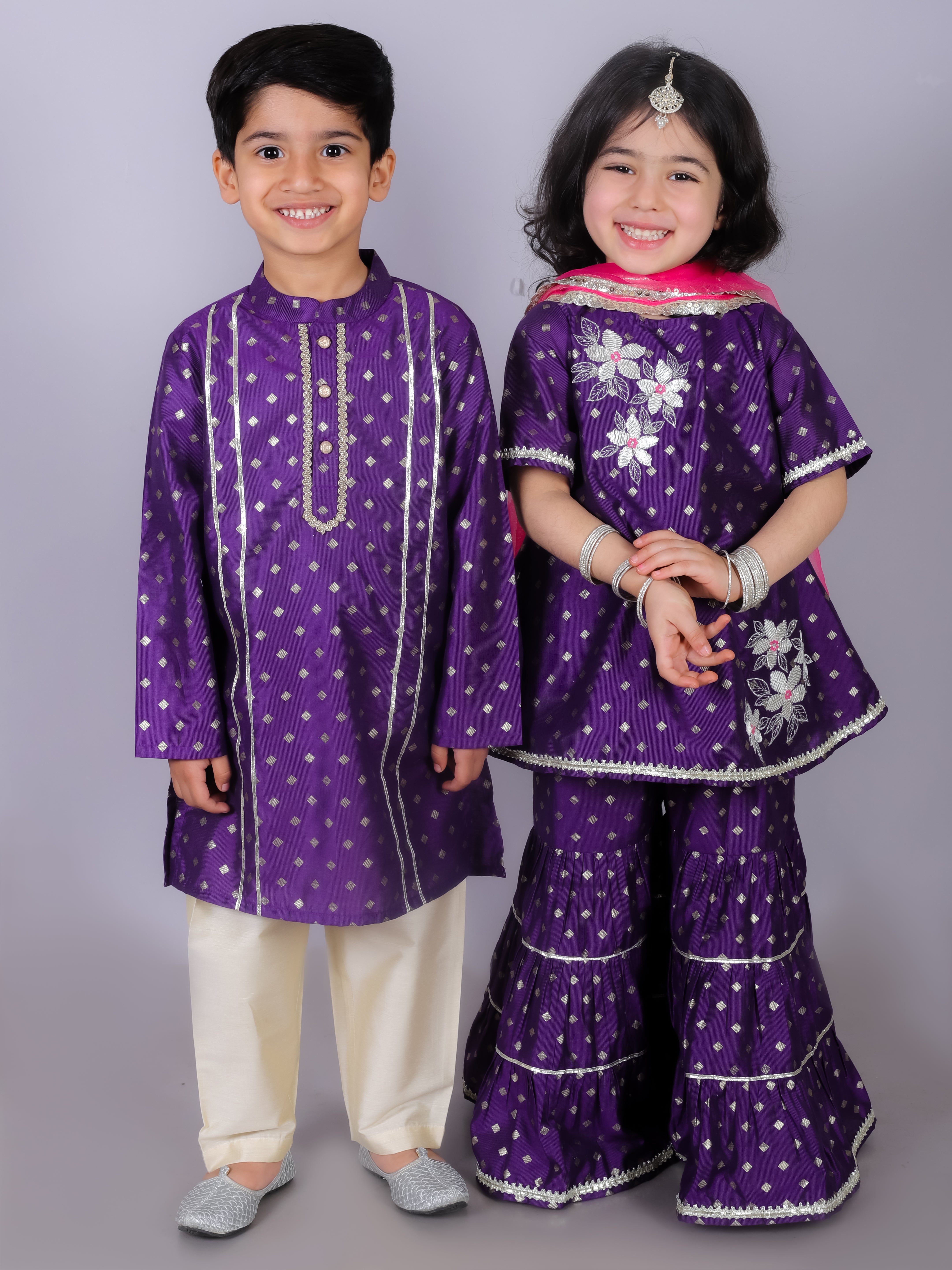 Boy's Ethnic Purple Kurta With Golden Pant Set - Lil Drama