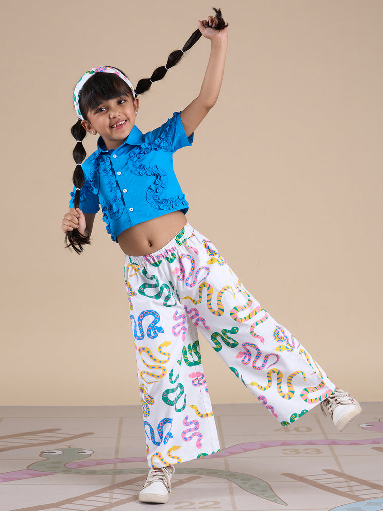 Snakes And Ladders Girls Blue Shirt And Multi Color Snake Print Pant Set From Siblings Collection