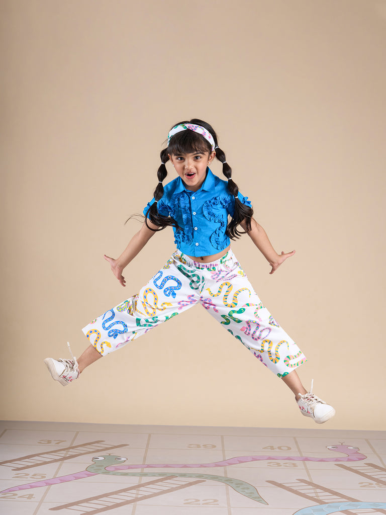 Snakes And Ladders Girls Blue Shirt And Multi Color Snake Print Pant Set From Siblings Collection