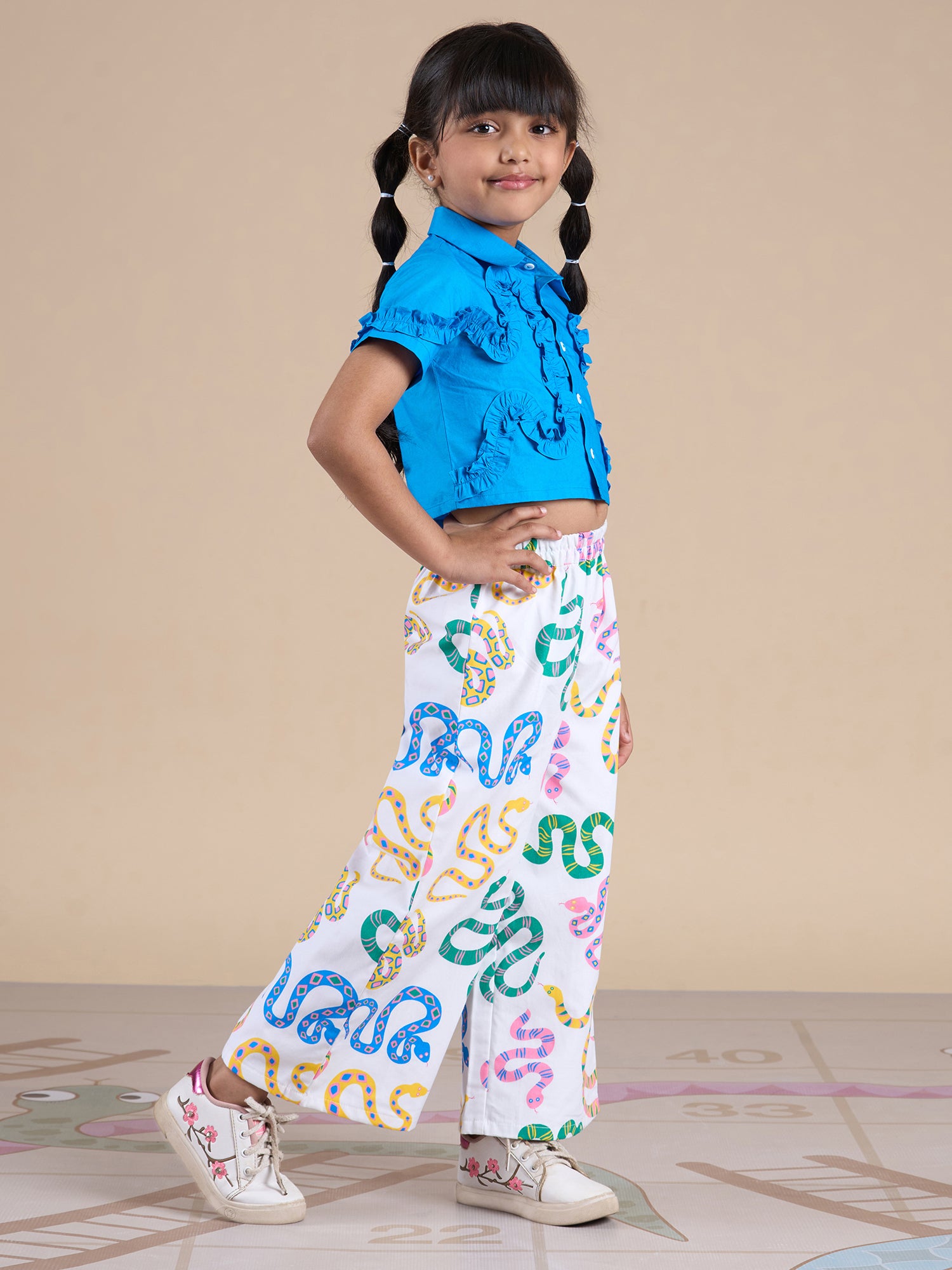 Snakes And Ladders Girls Blue Shirt And Multi Color Snake Print Pant Set From Siblings Collection - Lil Drama