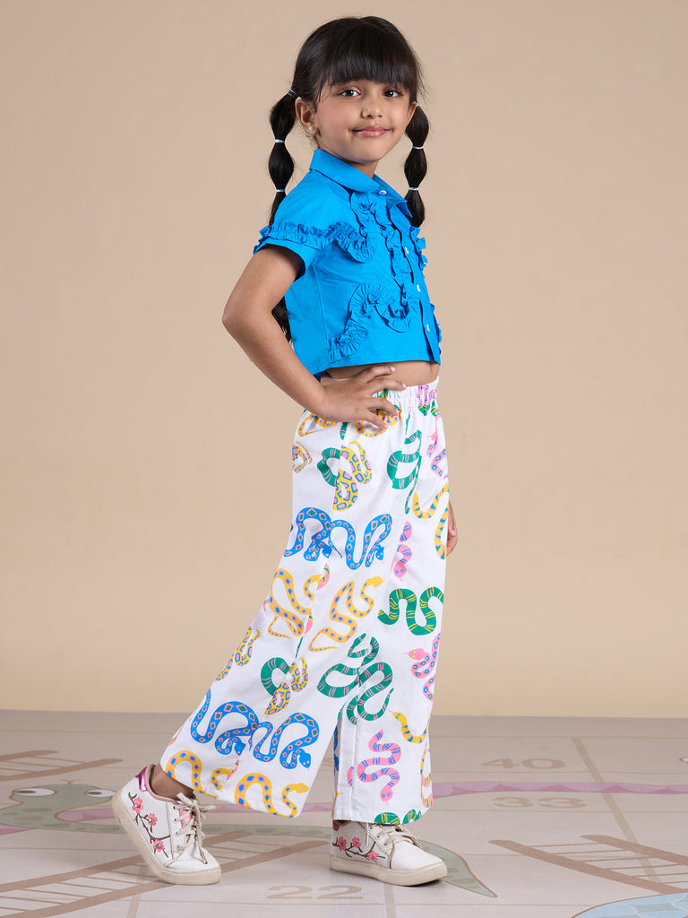 Snakes And Ladders Girls Blue Shirt And Multi Color Snake Print Pant Set From Siblings Collection