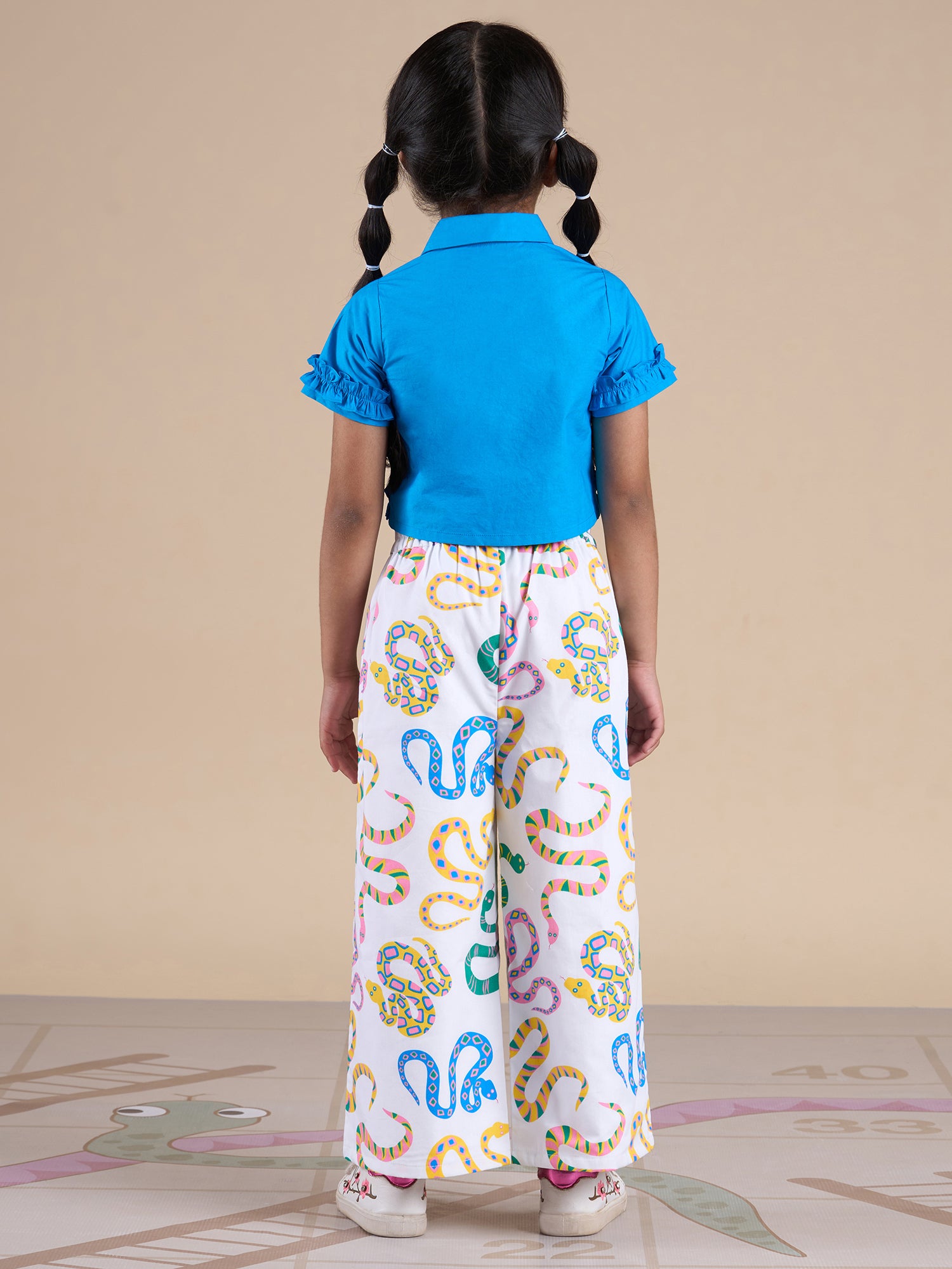 Snakes And Ladders Girls Blue Shirt And Multi Color Snake Print Pant Set From Siblings Collection - Lil Drama