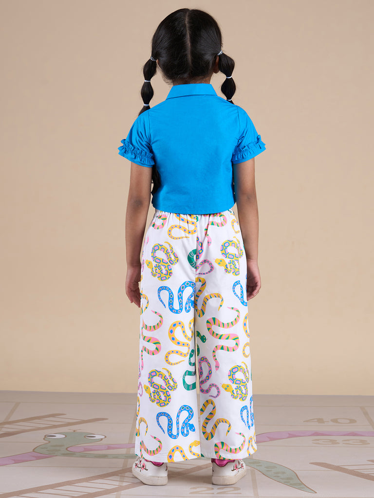 Snakes And Ladders Girls Blue Shirt And Multi Color Snake Print Pant Set From Siblings Collection