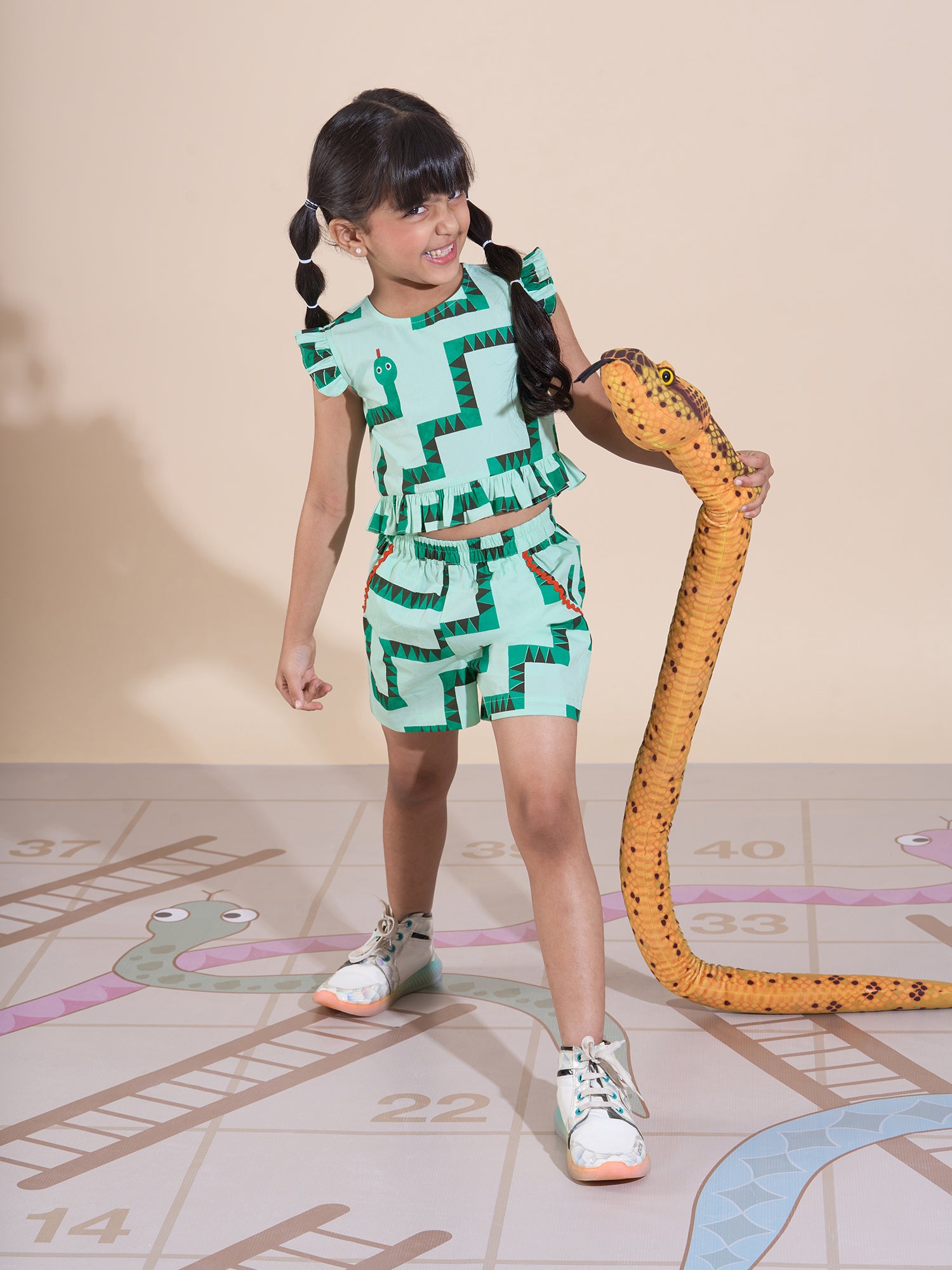 Snakes And Ladders Girls Green Table Print Top And Shorts Sets From Siblings Collection - Lil Drama