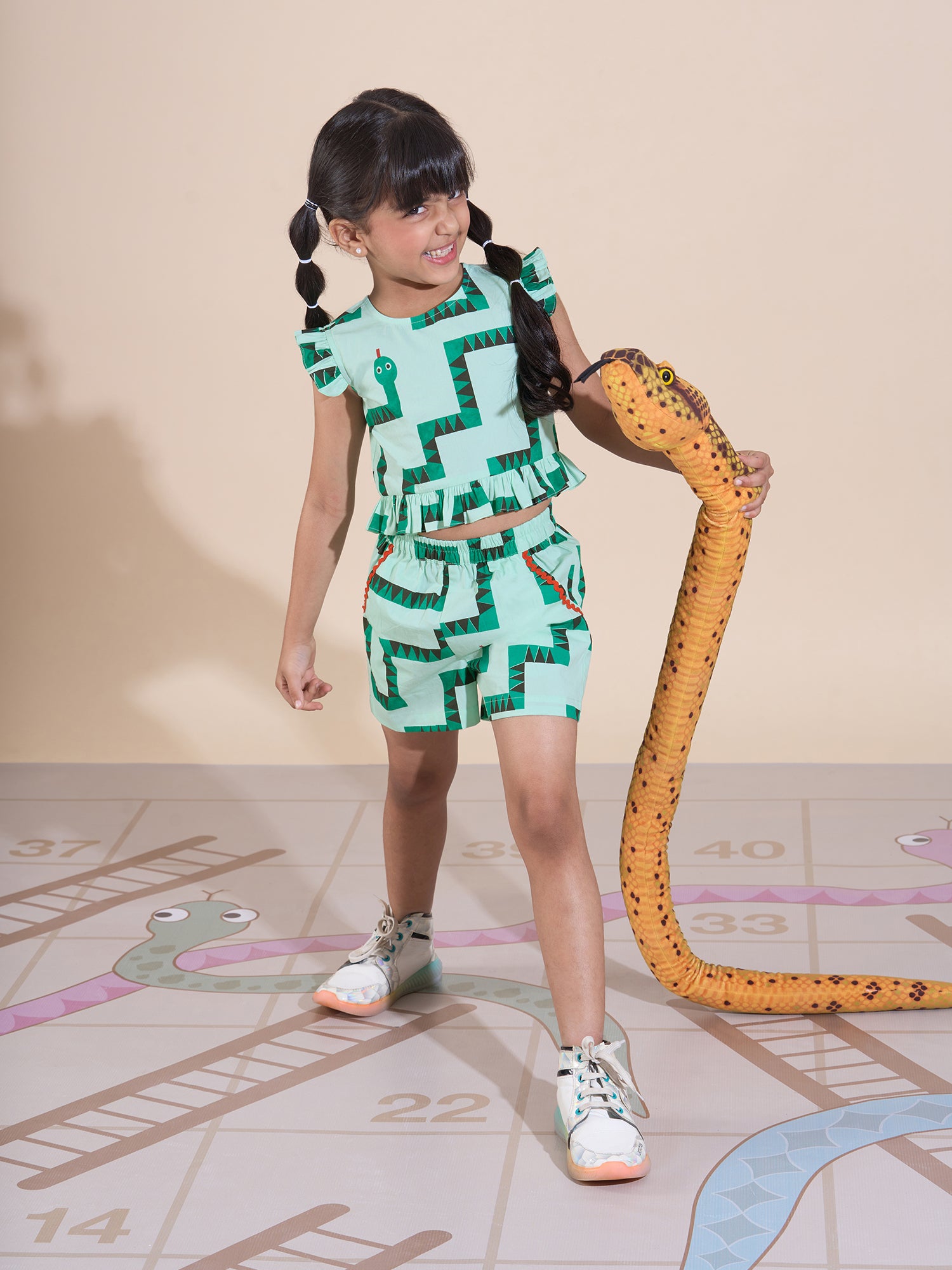 Snakes And Ladders Girls Green Table Print Top And Shorts Sets From Siblings Collection