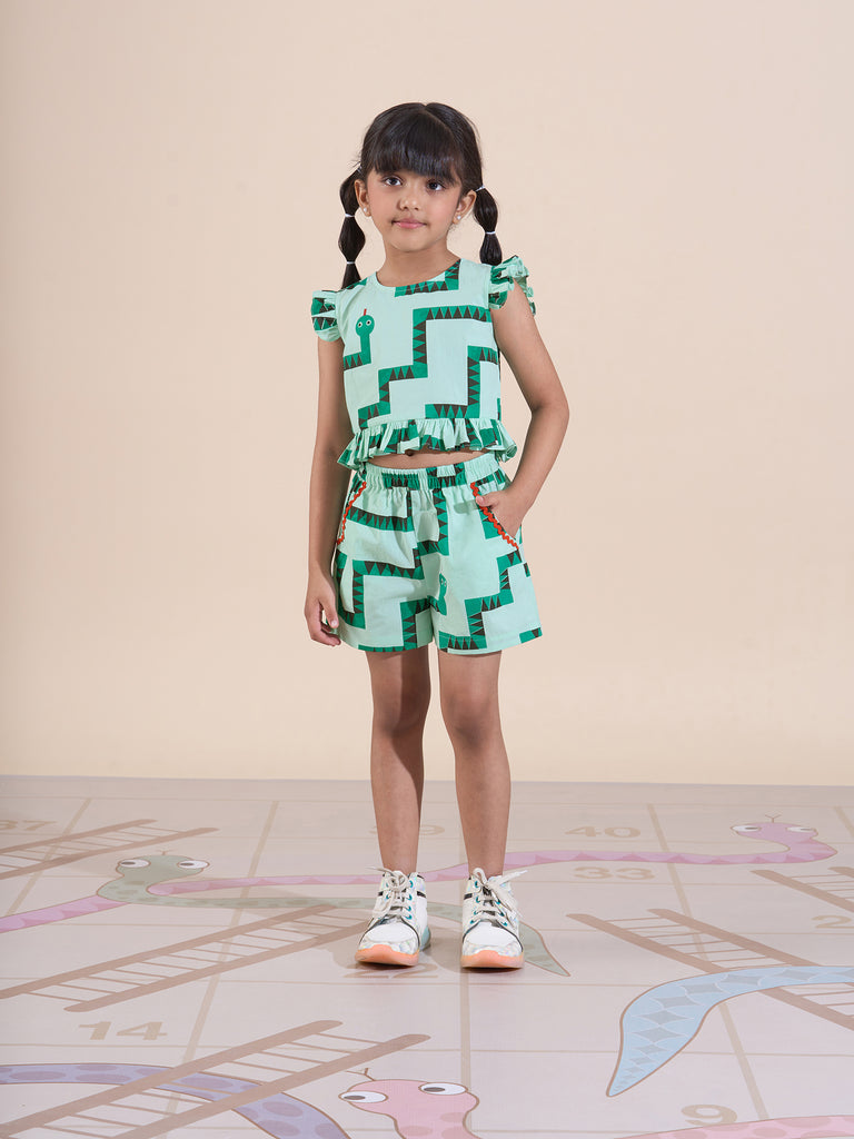Snakes And Ladders Girls Green Table Print Top And Shorts Sets From Siblings Collection