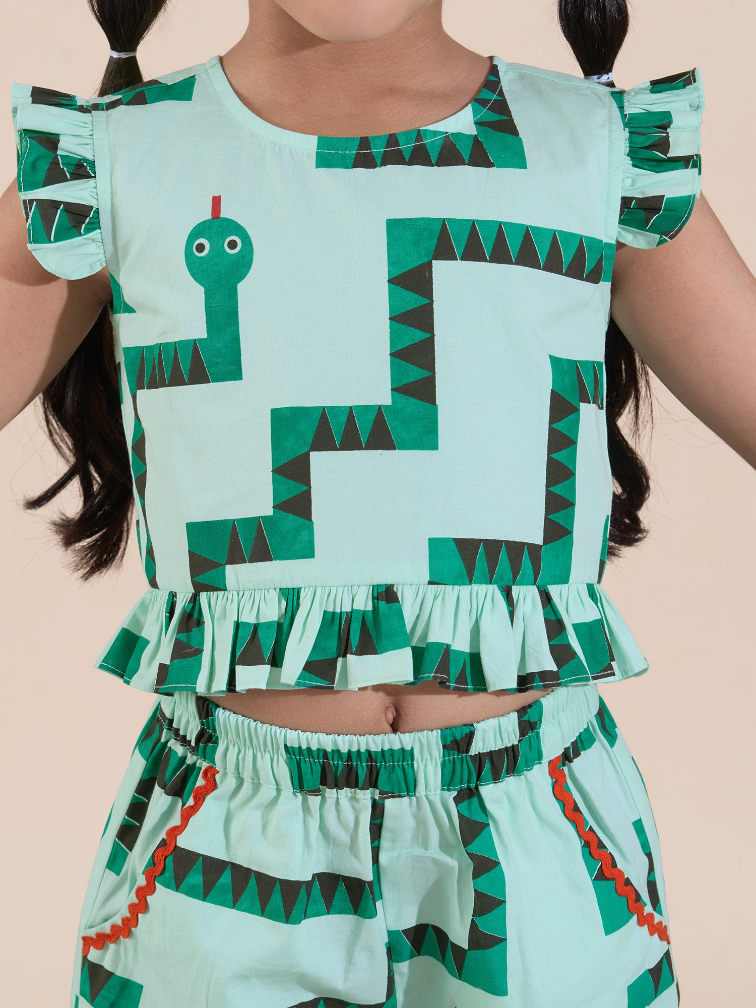 Snakes And Ladders Girls Green Table Print Top And Shorts Sets From Siblings Collection - Lil Drama