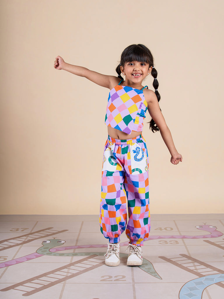 Snakes And Ladders Girls Multi Color Rotary Print Top And Pant Set From Siblings Collection