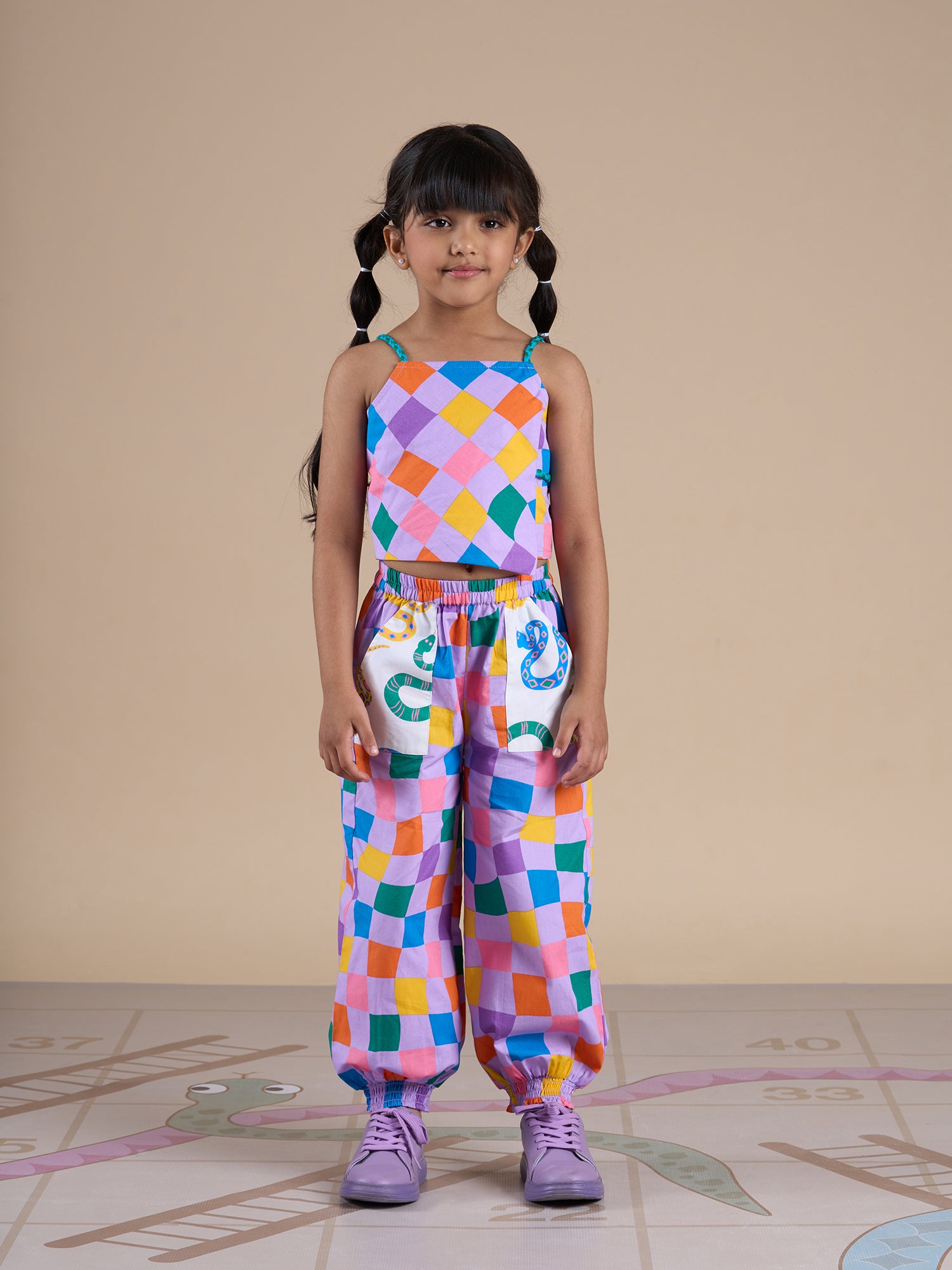 Snakes And Ladders Girls Multi Color Rotary Print Top And Pant Set From Siblings Collection - Lil Drama