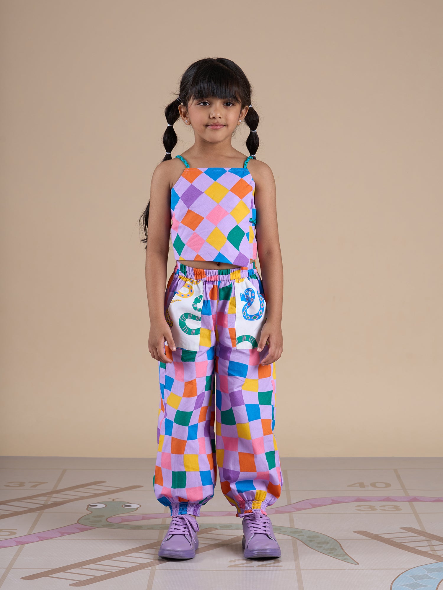 Snakes And Ladders Girls Multi Color Rotary Print Top And Pant Set From Siblings Collection