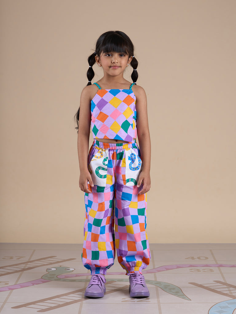 Snakes And Ladders Girls Multi Color Rotary Print Top And Pant Set From Siblings Collection