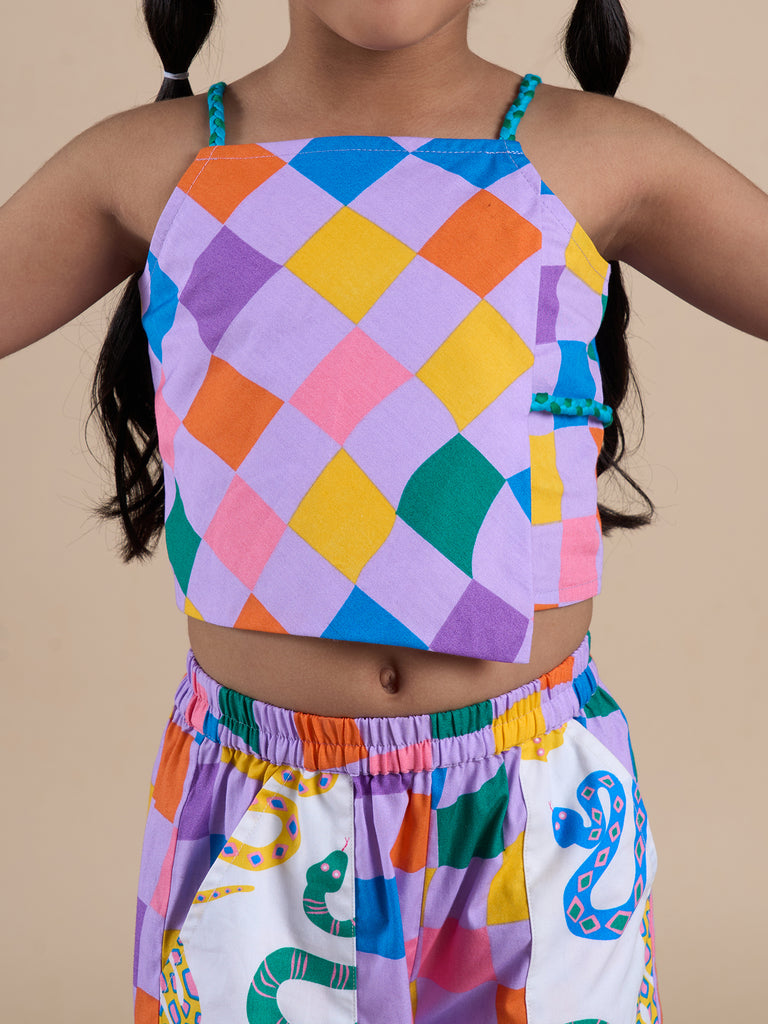 Snakes And Ladders Girls Multi Color Rotary Print Top And Pant Set From Siblings Collection