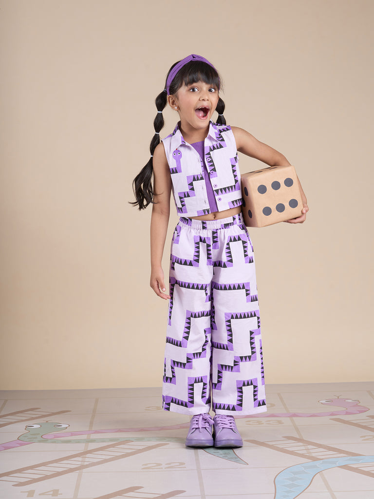 Snakes And Ladders Girls Purple Table Print Top And Pant Set From Siblings Collection