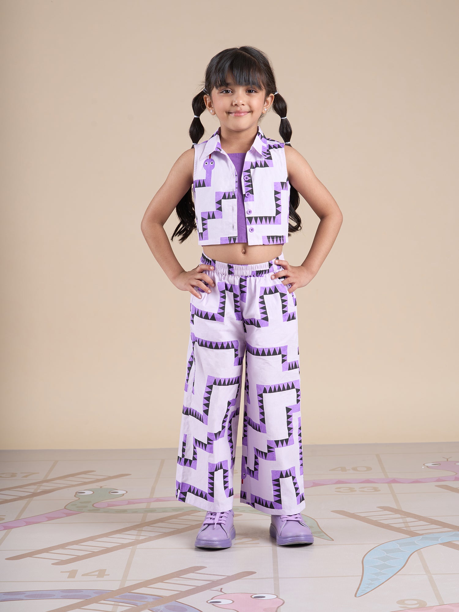 Snakes And Ladders Girls Purple Table Print Top And Pant Set From Siblings Collection - Lil Drama
