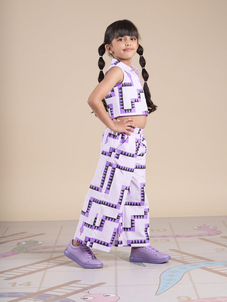Snakes And Ladders Girls Purple Table Print Top And Pant Set From Siblings Collection