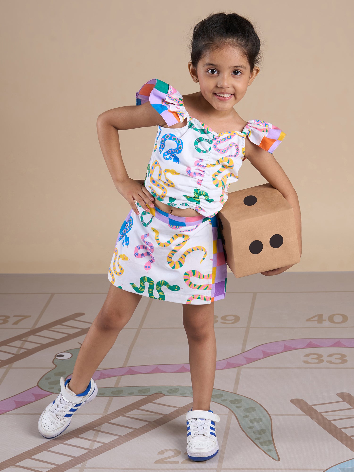 Snakes And Ladders Girls Multi Color Snake Print Top And Shorts Set From Siblings Collection - Lil Drama