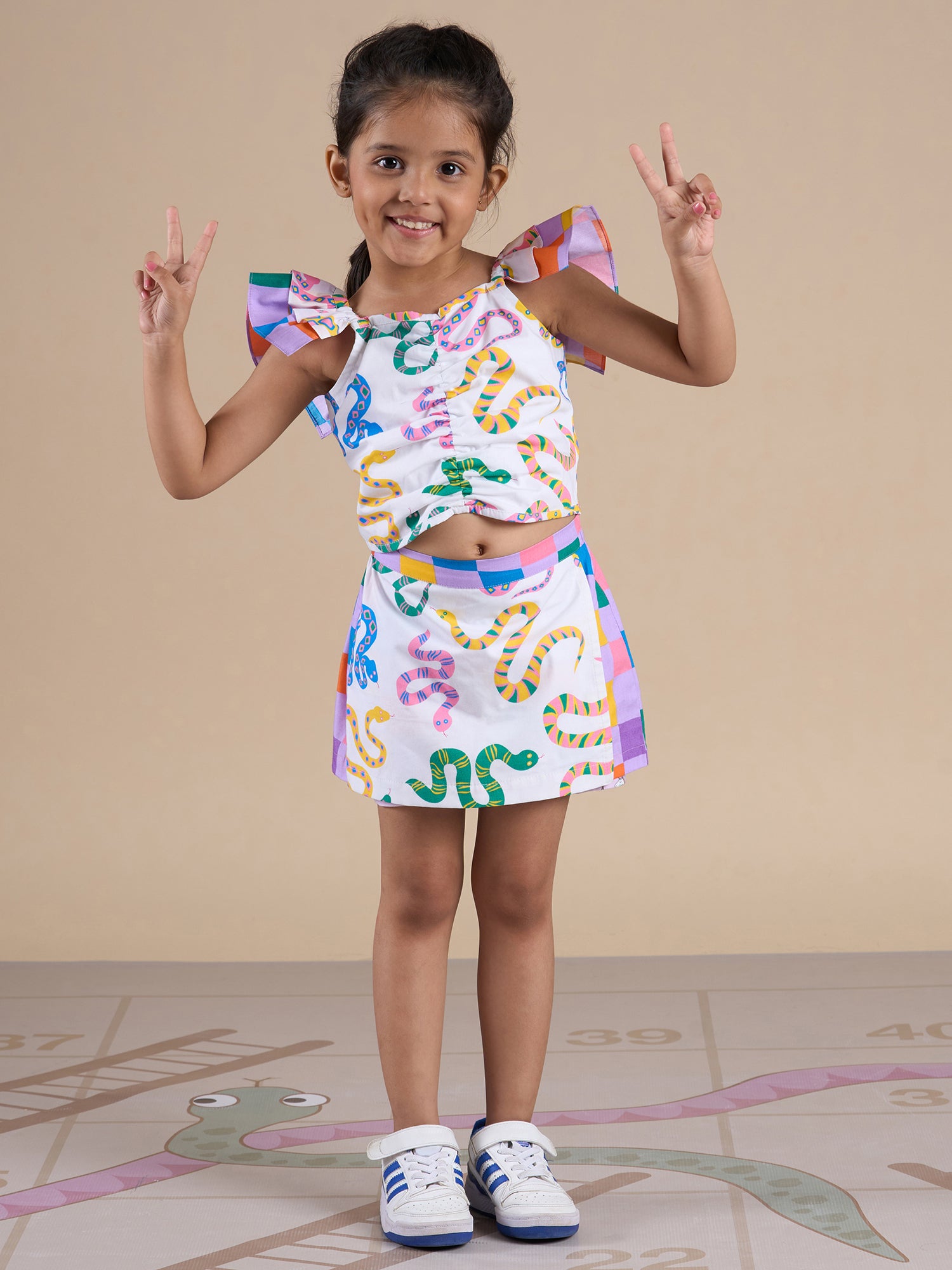 Snakes And Ladders Girls Multi Color Snake Print Top And Shorts Set From Siblings Collection - Lil Drama