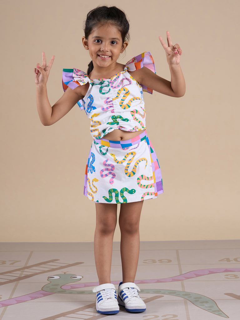 Snakes And Ladders Girls Multi Color Snake Print Top And Shorts Set From Siblings Collection