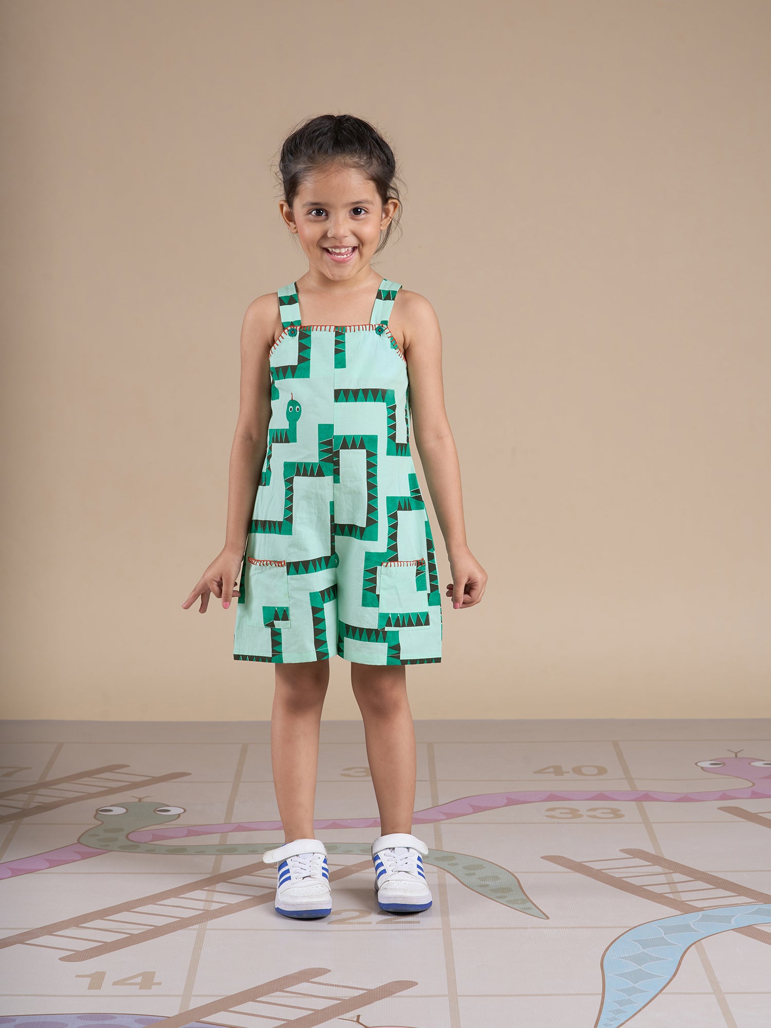 Snakes And Ladders Girls Green Table Print Jumpsuit From Siblings Collection - Lil Drama