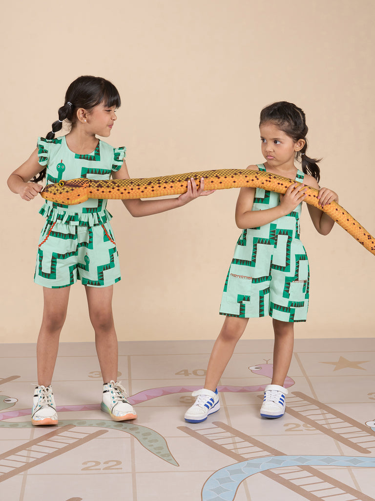 Snakes And Ladders Girls Green Table Print Jumpsuit From Siblings Collection