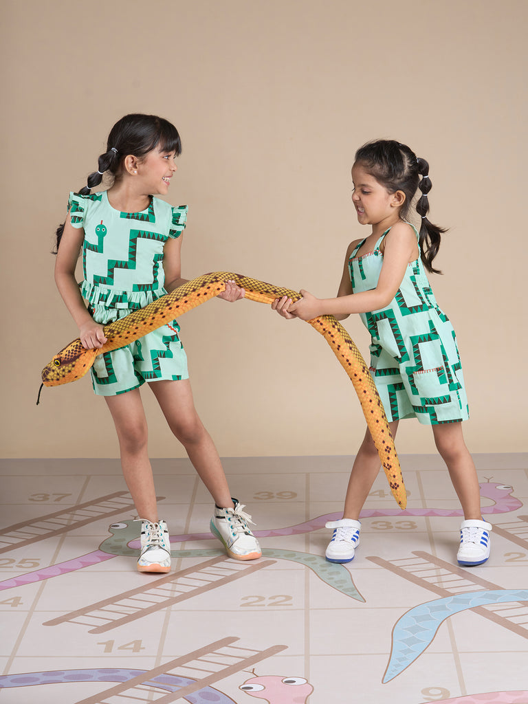 Snakes And Ladders Girls Green Table Print Jumpsuit From Siblings Collection