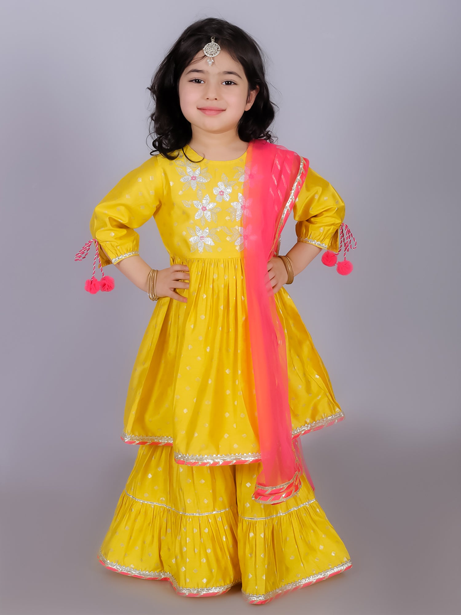 Girl's Ethnic Yellow Kurta With Sharara And Dupatta Set - Lil Drama