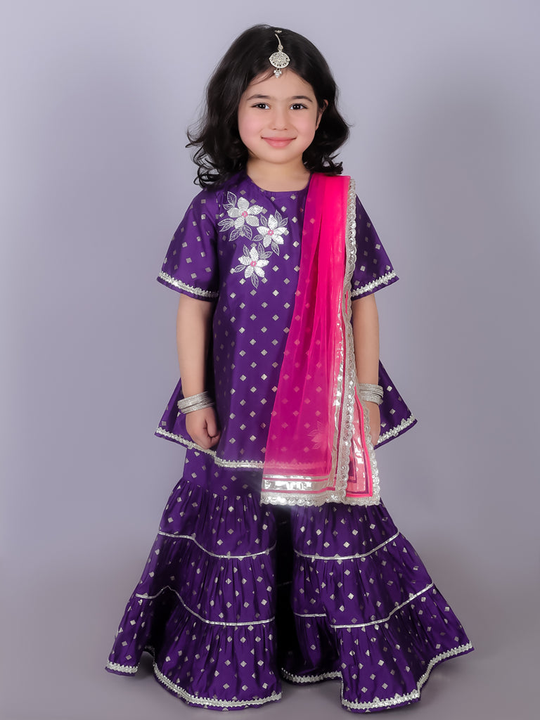 Girl's Ethnic Purple Kurta With Sharara Set