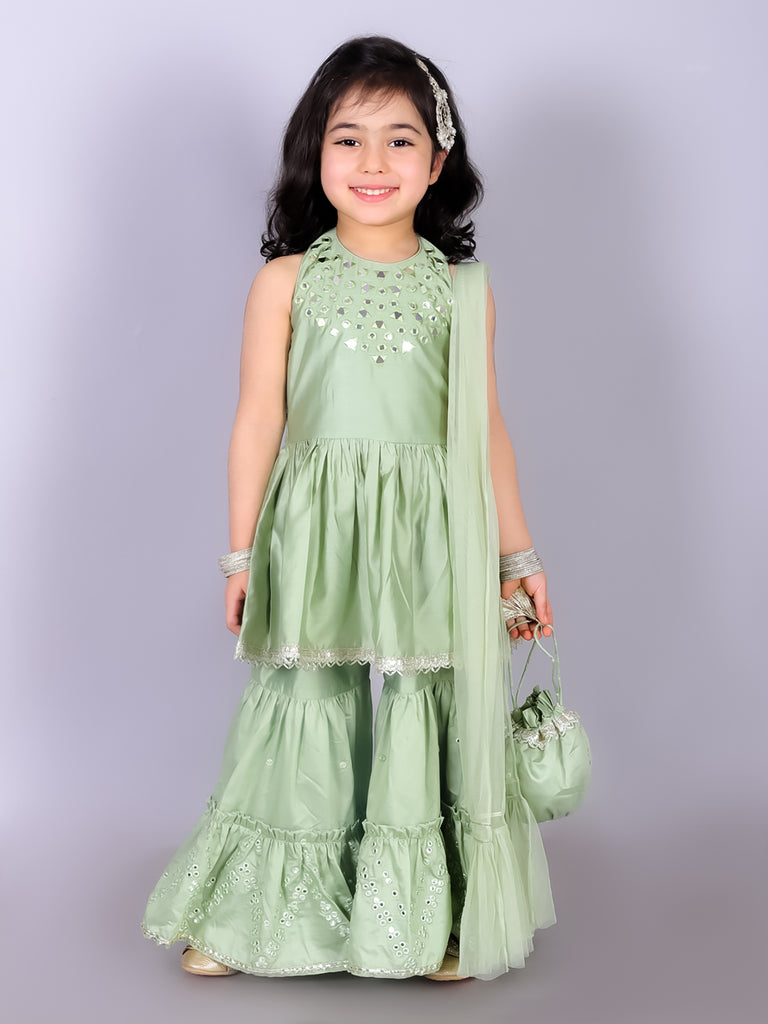 Girl's Ethnic Green Kurta With Sharara And Dupatta Set