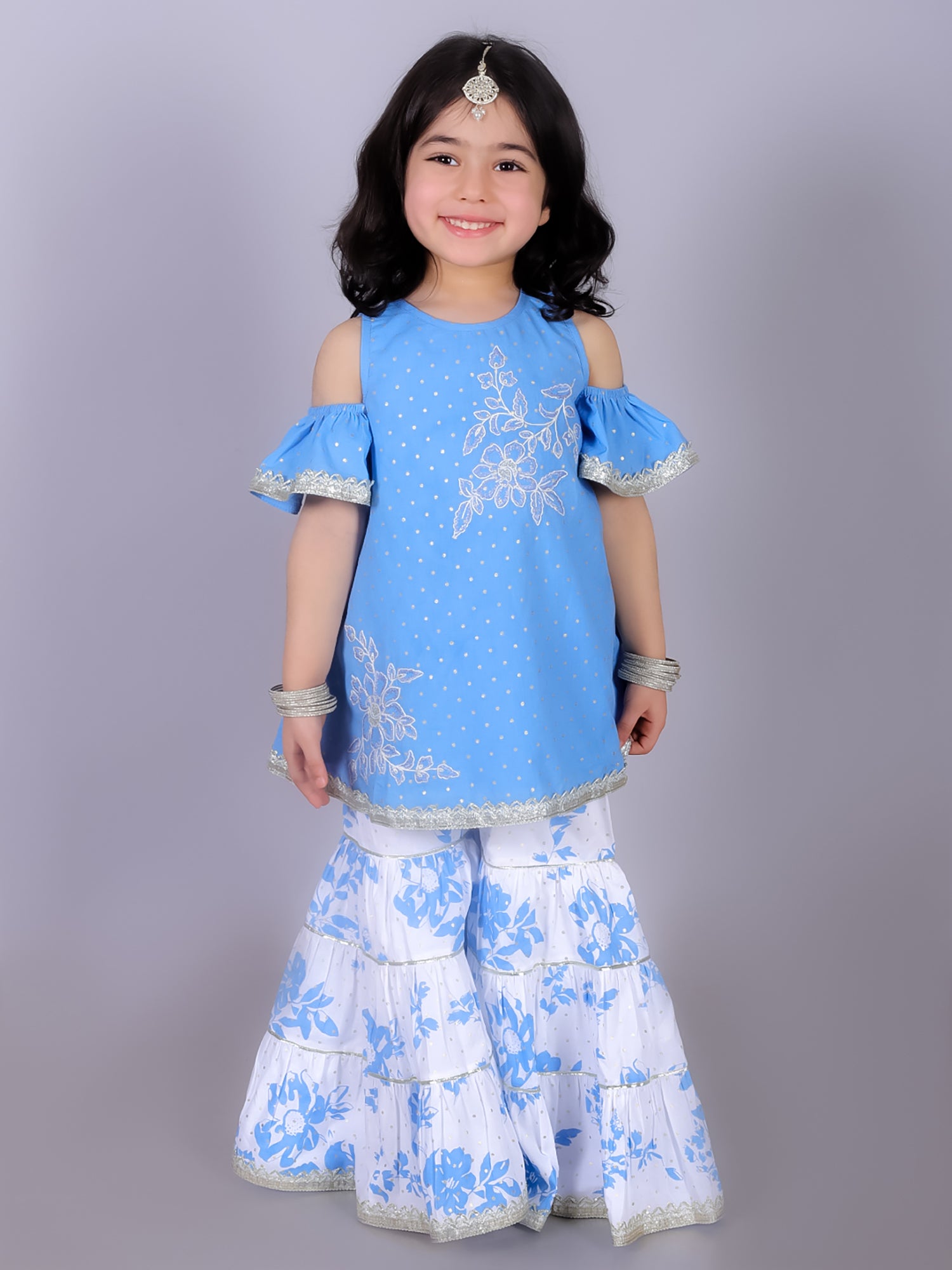 Girl's Ethnic Blue Cotton Kurta With Sharara Set