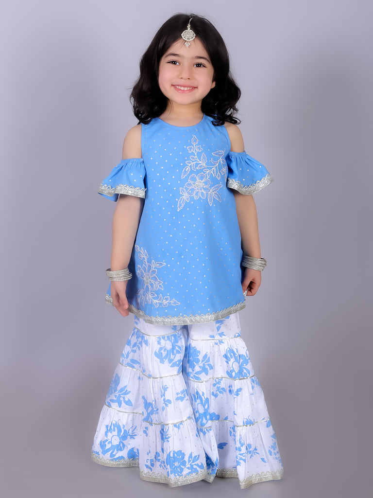 Girl's Ethnic Blue Cotton Kurta With Sharara Set
