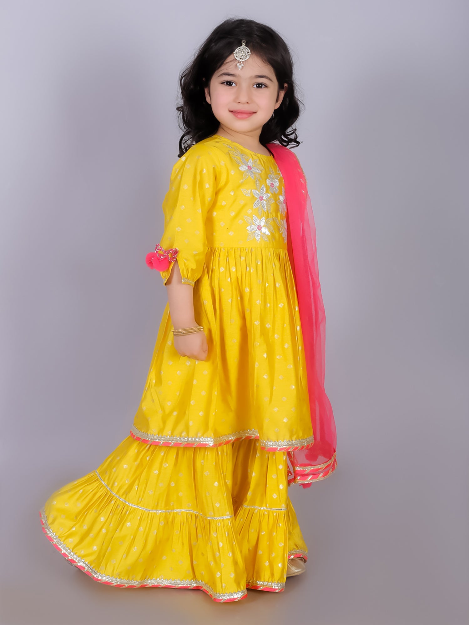 Girl's Ethnic Yellow Kurta With Sharara And Dupatta Set - Lil Drama