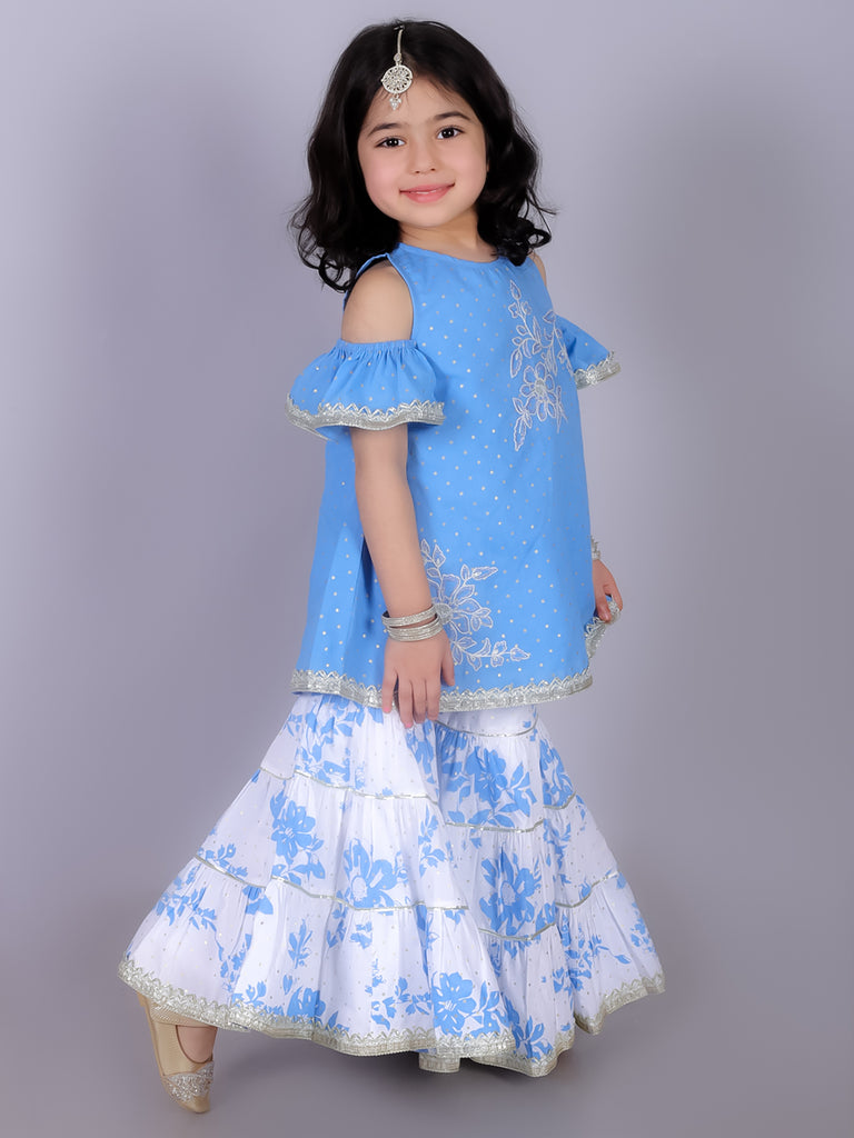 Girl's Ethnic Blue Cotton Kurta With Sharara Set