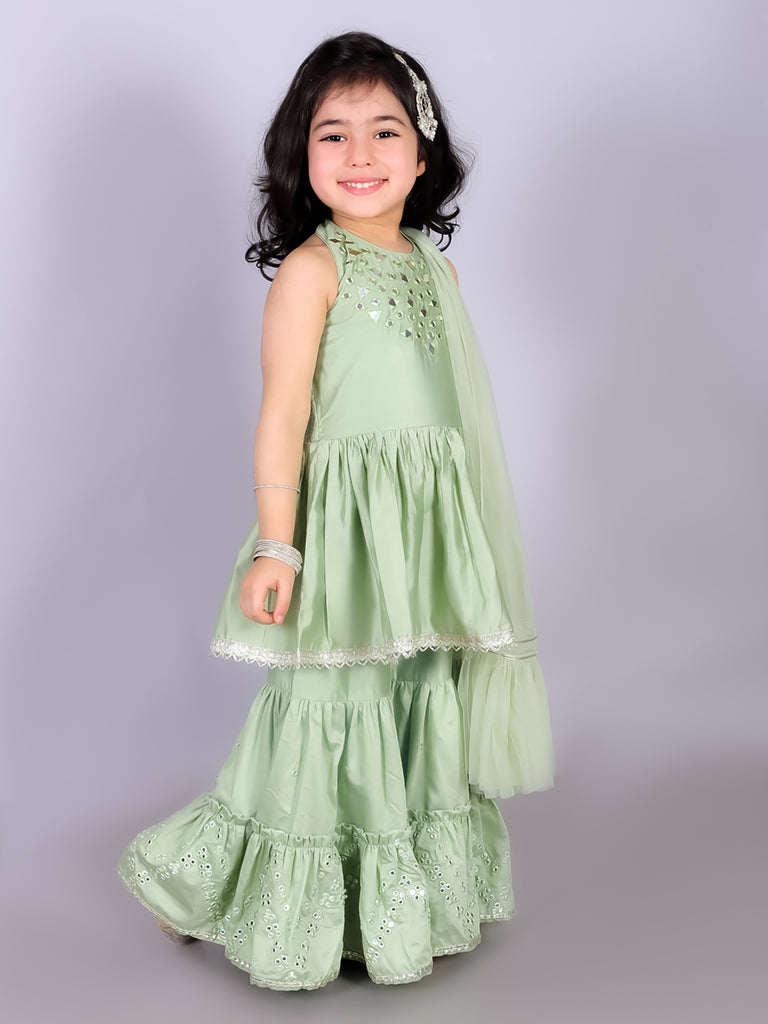 Girl's Ethnic Green Kurta With Sharara And Dupatta Set