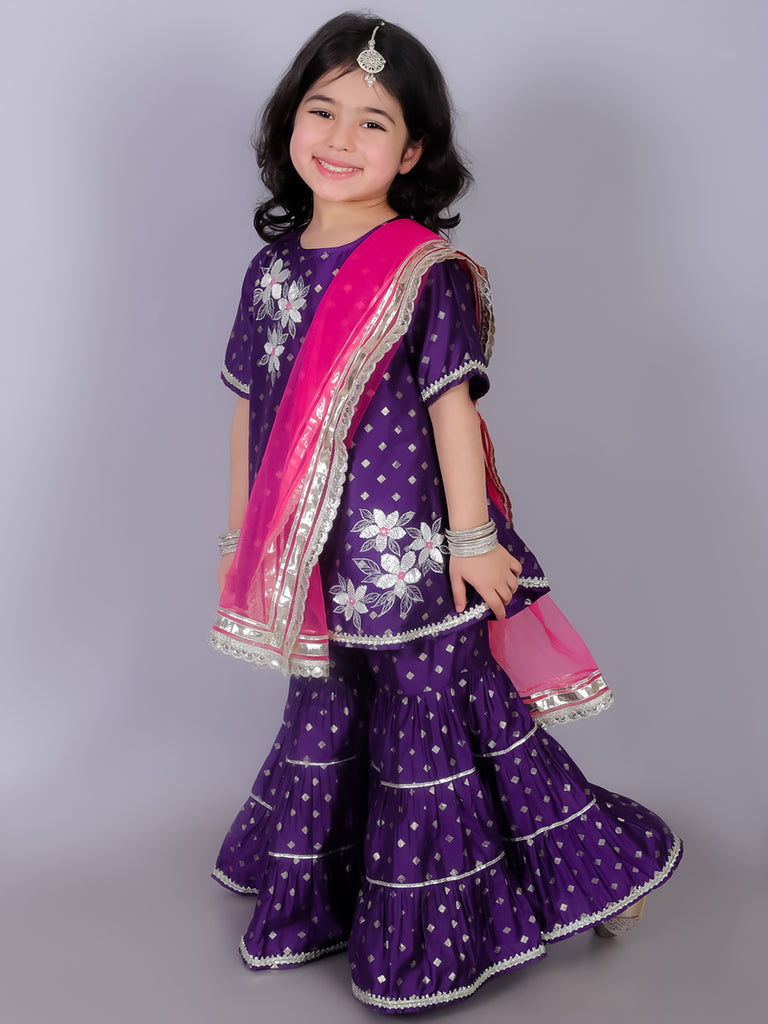 Girl's Ethnic Purple Kurta With Sharara Set