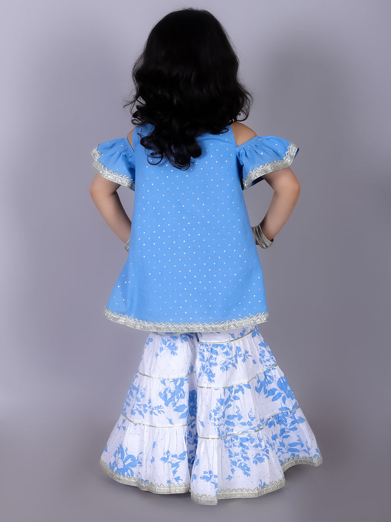 Girl's Ethnic Blue Cotton Kurta With Sharara Set