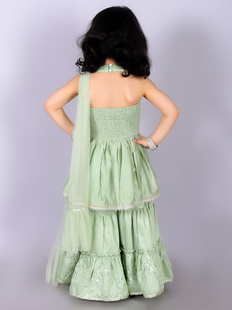 Girl's Ethnic Green Kurta With Sharara And Dupatta Set