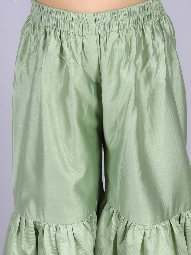 Girl's Ethnic Green Kurta With Sharara And Dupatta Set