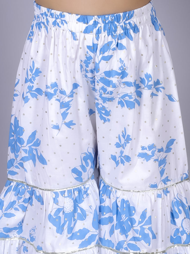Girl's Ethnic Blue Cotton Kurta With Sharara Set