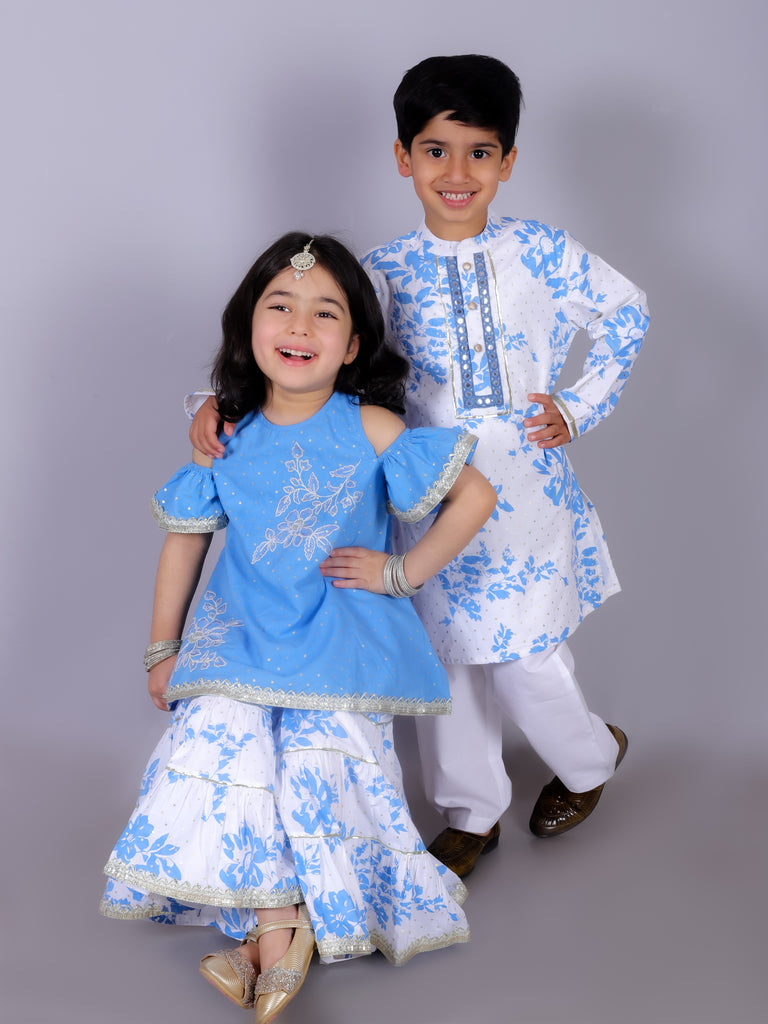 Girl's Ethnic Blue Cotton Kurta With Sharara Set