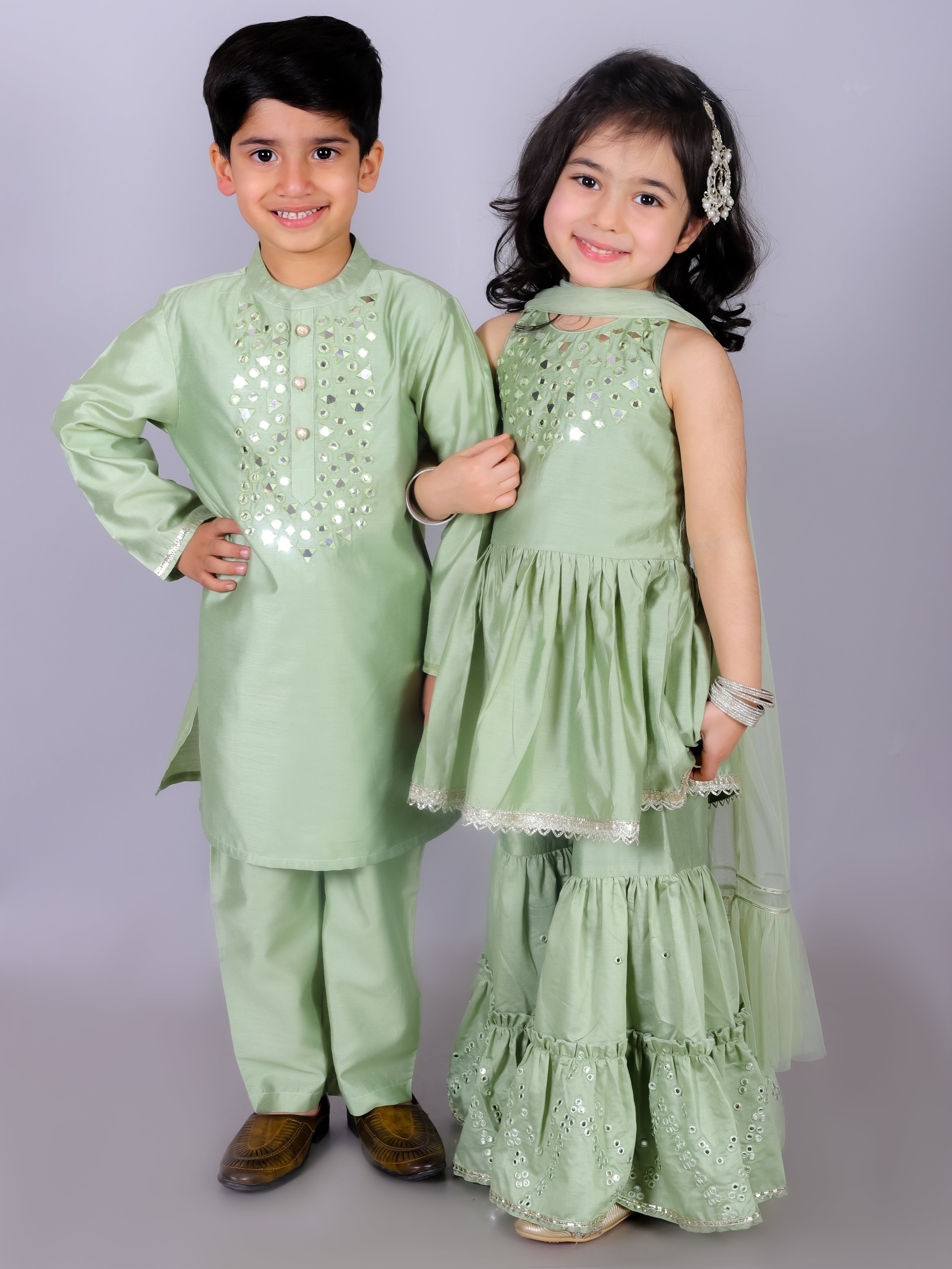 Girl's Ethnic Green Kurta With Sharara And Dupatta Set - Lil Drama